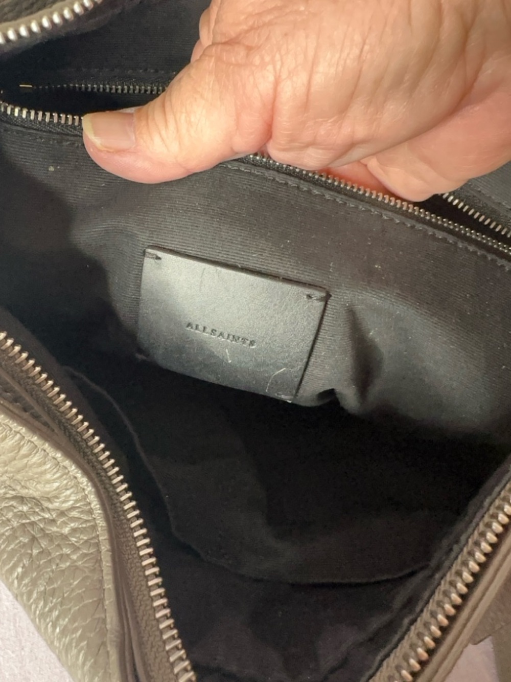 AllSaints Taupe and Black Leather Backpack or convert